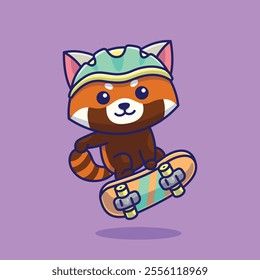 Simple a cheerful Red Panda is playing a skateboard cartoon vector illustration Collection of animals concept icon isolated