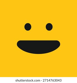 Un ícono de Vector simple y alegre de una amplia sonrisa negra y dos ojos sobre un fondo amarillo brillante. Perfecto para diseños, App o marcas felices, positivos y relacionados con las emociones. Básico, audaz y minimalista