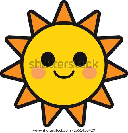 A simple and cheerful vector illustration of a cartoon sun with a happy, smiling face. Featuring a bold black outline, this cute kawaii-style graphic is ideal for use as a weather icon