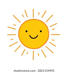 A simple and cheerful yellow sun illustration with a smiling face and radiating sunbeams on a white background.