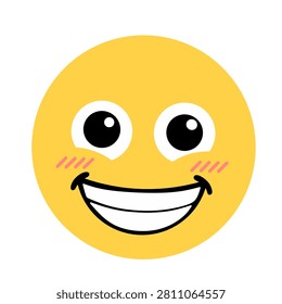 A simple, cheerful yellow vector emoji displaying a wide, toothy grin with large open eyes and soft pink blushing cheeks