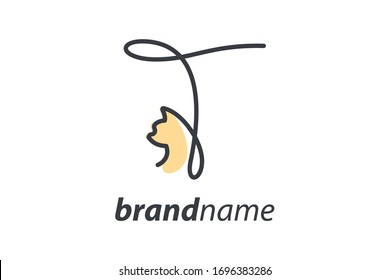Simple and cheers logo design illustration mono-line style initial T cat.