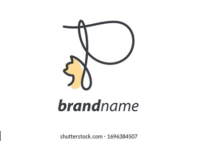 Simple and cheers logo design illustration mono-line style initial P cat.