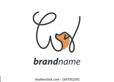 Simple and cheers logo design illustration mono-line style initial W Dog.