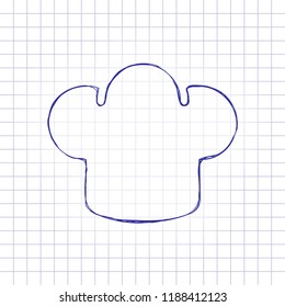 Simple chef hat icon. Kitchen logo. Hand drawn picture on paper sheet. Blue ink, outline sketch style. Doodle on checkered background