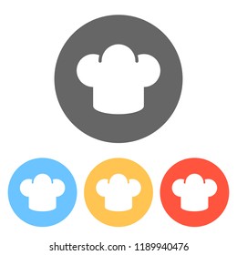 Simple chef hat icon. Kitchen logo. Set of white icons on colored circles