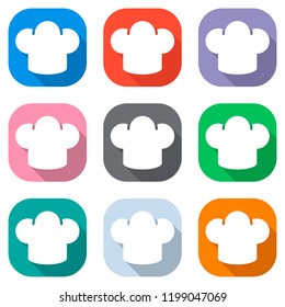 Simple chef hat icon. Kitchen logo. Set of white icons on colored squares for applications. Seamless and pattern for poster