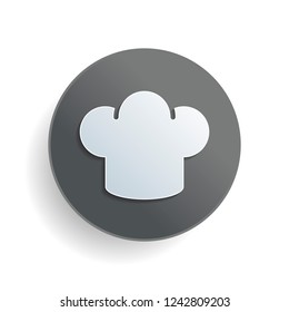 Simple chef hat icon. Kitchen logo. White paper symbol on gray round button or badge with shadow