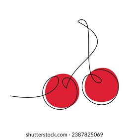 Simple cherry berries icon. Hand drawn vector. One line continuous drawing. Fine art minimal illustration, linear silhouette. Graphic print, banner, card, sign, symbol, logo. 