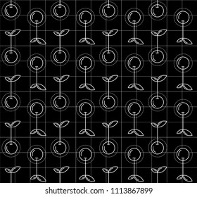 Simple cherry icon in lineal grid and black background. Vector illustration. Seamless line pattern. Nature sketch. Geometrical grid.