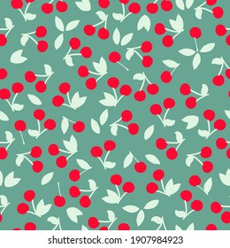 Simple cherry pattern . green background. ripe cherries. Vector texture. fashionable print for textiles and wallpaper.