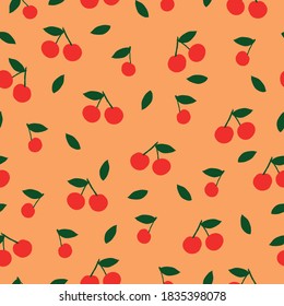 Simple cherry pattern. Ripe cherry. Orange background. Vector texture. Bright print for Wallpaper.