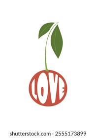 A simple cherry with two leaves and the inscription Love inside. Flat vector cherry berry artwork for printing on textiles, clothing, accessories, gifts, cover, greeting cards, stickers, party flyers