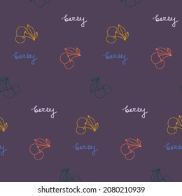 Simple cherry vector pattern on the purple background. Red, yellow, green lined cherry berry. Blue and purple hand written lettering. Funny bright summer pattern. Simple funky design.