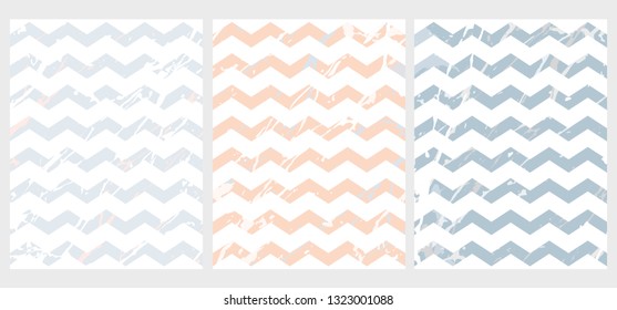 Simple Chevron Vector Layouts. Blue and Salmon Pink Marble Zigzags Isolated on a White Background. Funny Abstract Geometric Design. Bright Pastel Color Illustration.