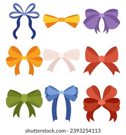 Simple and Chic Hand Drawn Ribbon Bows in a Flat Style. Perfect Bowknots for Decorative Needs. Vast Set of Bowties.