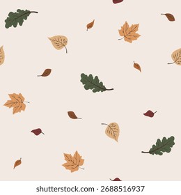 Um padrão de vetor repetitivo simples e elegante com folhas de carvalho, bordo e bétula em uma paleta de cores suaves e terrosas. Perfeito para fundos de queda, tecido e design de papel digital