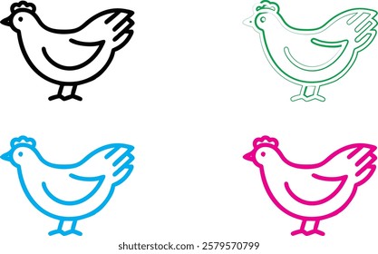 Simple chicken drawings, minimalist bird outlines, colorful poultry sketches, cartoon farm animals, bold line art, vibrant rooster illustrations, stylized hen designs, playful barnyard graphics, multi