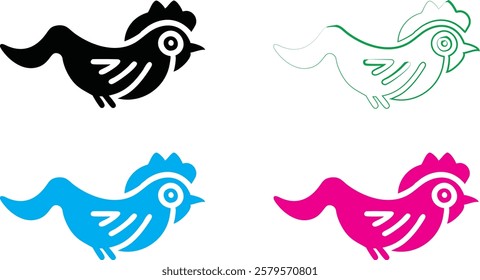 Simple chicken drawings, minimalist bird outlines, colorful poultry sketches, cartoon farm animals, bold line art, vibrant rooster illustrations, stylized hen designs, playful barnyard graphics, multi