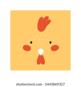 Simple chicken portrait. Cute animal head portrait, kawaii hen face flat illustration