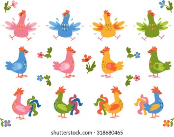 Simple chicken and rooster collection. Farm birds: vector illustration.