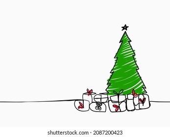 schlichte kindische schwarze Linie Cartoon süße grüne Kiefer Baum mit vielen Geschenken für die Weihnachtsdekoration handgezeichnet nahtlose Muster für Hintergrund, Tapete, Banner, Label etc. Vektordesign.