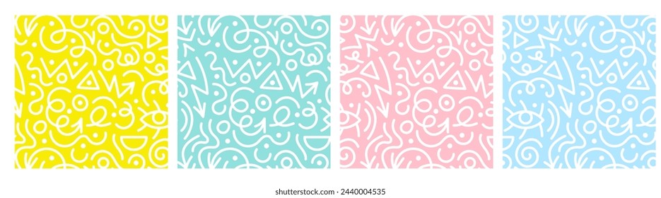 Simple childish colorful line doodle seamless pattern. Collection of fun colorful geometric line scribble, abstract wallpaper vector print. Trendy minimalist style art backgrounds set.