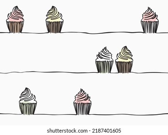 simple childish continuous hand drawn line art cute cupcake for happy occasion like birthday, party, anniversary for wallpaper, background, label, banner, wrapping etc. vector design.