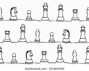 simple childish continuous lines all chess pieces with heart seamless pattern for background, wallpaper, texture, banner, label, cover, card etc. vector design svg