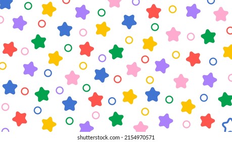 Simple childish festive background with multicolored bright cute stars on white. Creative minimalist style art background. Fun colorful doodle seamless pattern. backdrop. random colorful figures.
