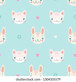 Simple childish gentle seamless pattern with smiling bunnies and cats for the nursery.