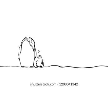 simple childish hand dawn continuous lines art mother sea penguin    kid giving love message for mother father's day other  element for card  background  wallpaper etc  vector design