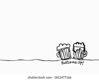 simple arte de línea continua dibujado a mano infantil dos tazas de cervezas que celebran un día ocasional, saludo de temporada sin costura, fondo de pared, patrón, banner, etiqueta, textura, diseño vectorial.