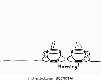 simple childish hand drawn continuous line art two cups of coffee celebrating occasional day, season greeting seamless background, wallpaper, pattern, banner, label, texture, vector design.