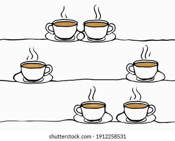 simple childish hand drawn continuous line art cups of coffee celebrating occasional day, season greeting seamless background, wallpaper, pattern, banner, label, texture, vector design.