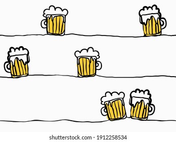 simple childish hand drawn continuous line art mugs of beers celebrating occasional day, season greeting seamless background, wallpaper, pattern, banner, label, texture, vector design.