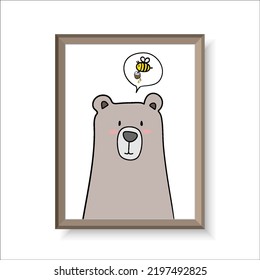 simple mano infantil dibujado lindo oso marrón este de arte de la línea de miel para papel de pared, fondo, imagen, afiche, pintura, dibujo, postal, cartelera, pancarta, etiqueta, elemento de impresión, etc. vectores de diseño.