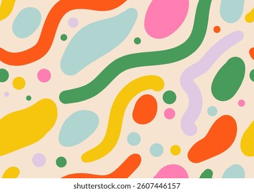 Simple childish hand drawn seamless pattern. Random colorful scribble backdrop with swirls, bundles and dots. Fun colorful abstract background in doodle style
