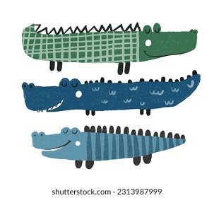 simple childish illustration with funny crocodile. Funny kids design with wild reptile and graphic elements, inscriptions. Kids flat design, sticker