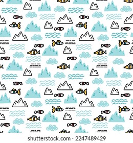 Sencillo patrón infantil con peces y icebergs dibujados a mano en forma de doodle sobre fondo blanco. Impresión vectorial de invierno para niños textiles, papel de embalaje, diseño de embalaje