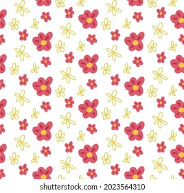 Simple childish pattern with flowers on a white background. Vector natural flat texture with daisies. Fabric with flora in pastel colors. Wallpaper with anemone and cosmea
