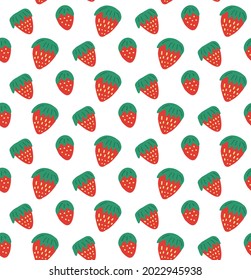 Simple childish pattern with strawberries on a white background. Vector natural flat texture with berries. Fabric with sweet delicious food. Wallpaper for the nursery
