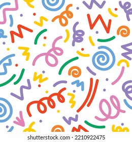 Simple childish scribble backdrop bundle. Colorful line doodle seamless pattern. Creative minimalist style art background collection for children or trendy design with basic shapes. 