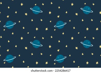 Simple childish seamless pattern with cartoon planets, yellow stars. Trendy children's vector Space wallpaper. Cosmic print for baby apparel, fabric, textile, kids nursery