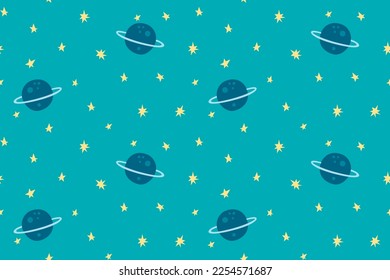 Sencillo patrón infantil sin costuras con planetas de dibujos animados, estrellas amarillas. Papel de pared vectorial azul de moda para niños Space. Impresión cósmica para prendas de vestir, tejidos, textiles, guardería infantil