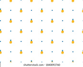 Simple childish seamless pattern of yellow pineapples in Scandinavian style, blue spots on a white background. To diapers, pajamas, clothes for newborns, babies, children, sleepwear, bedding. Vector.