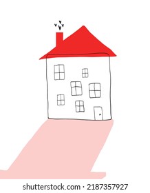 Simple Childish Style Vector Illustration with Hand Drawn House with Red Roof. Cute Drawing of Big Home with Many Windows and Heart-shaped Smoke from the Chimney. Black Line Sketch of the House.