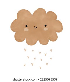 Simple Childish Style Vector Illustration with Happy Fluffy Cloud. Lovely Nursery Art with Sweet Smiling Kawaii Cloud and Rain of Hearts Isolated on a White Background.Funny Baby Shower Print.No text.