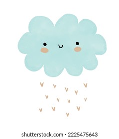 Simple Childish Style Vector Illustration with Happy Fluffy Cloud. Lovely Nursery Art with Sweet Smiling Kawaii Cloud and Rain of Hearts Isolated on a White Background.Funny Baby Shower Print.No text.