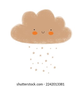 Ilustración de vectores de estilo infantil simple con nubes esponjosas felices. Agradable arte de guardería con la sonrisa dulce Nube Kawaii y la lluvia de estrellas aisladas en un fondo blanco.Graciosa impresión de ducha para bebés. Sin texto.